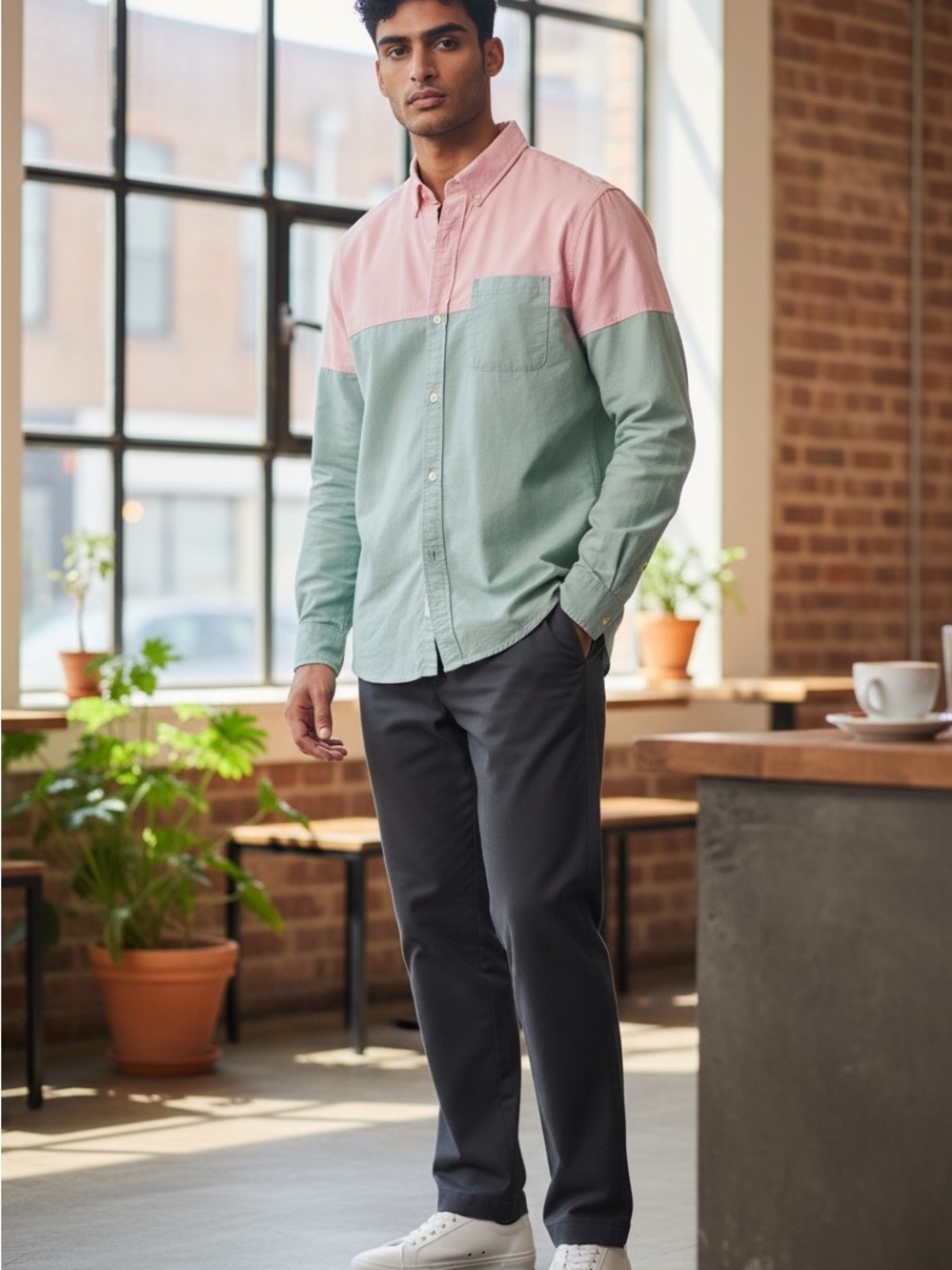 Men's Colorblock Dress Shirt in Pink and Mint